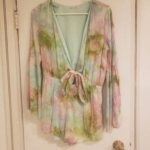 Tie Dye Tie Front Middriff Romper